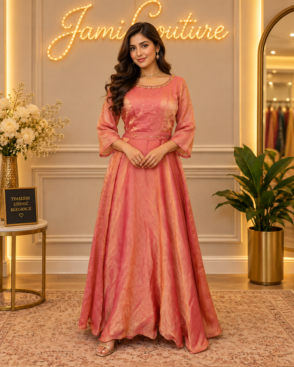 Rose Pink & Gold premium space Silk Anarkali Gown
