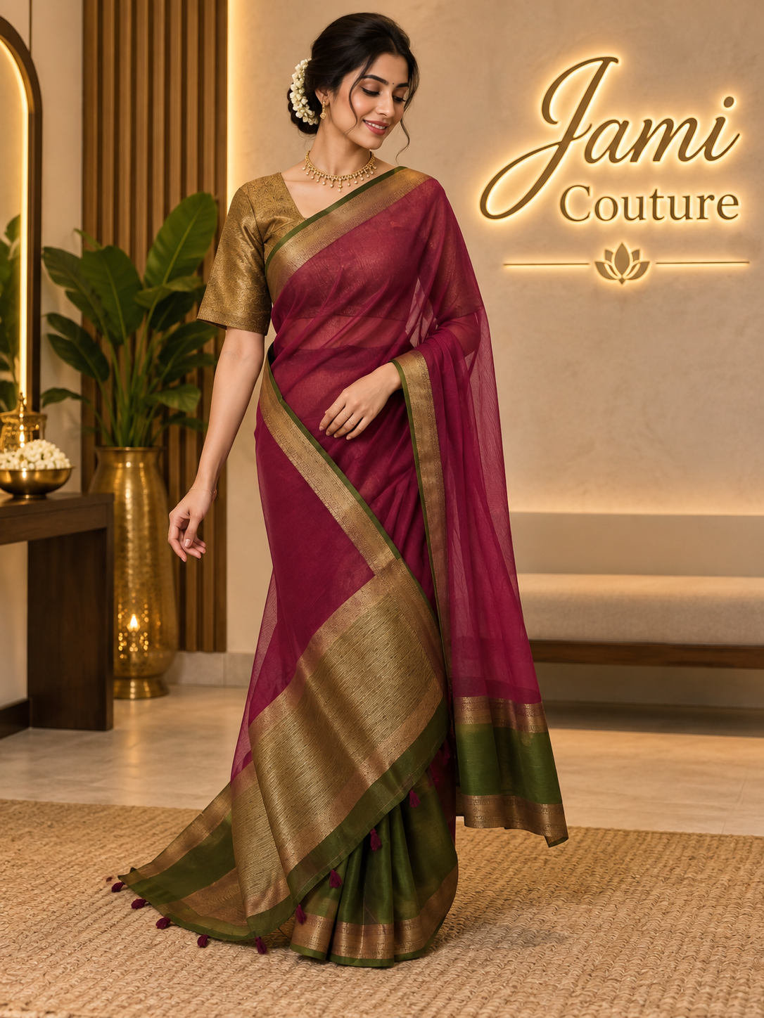 Wine & Olive Handloom Jute Saree Set