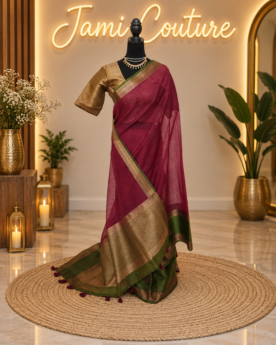 Wine & Olive Handloom Jute Saree Set