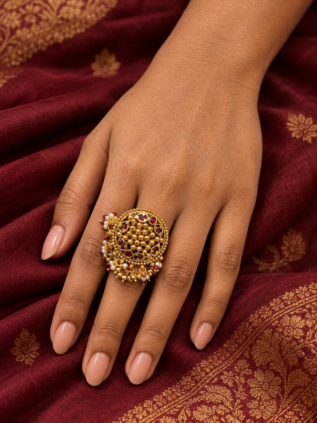 Antique Gold Ruby & Pearl Statement Ring | Adjustable Cocktail Ring