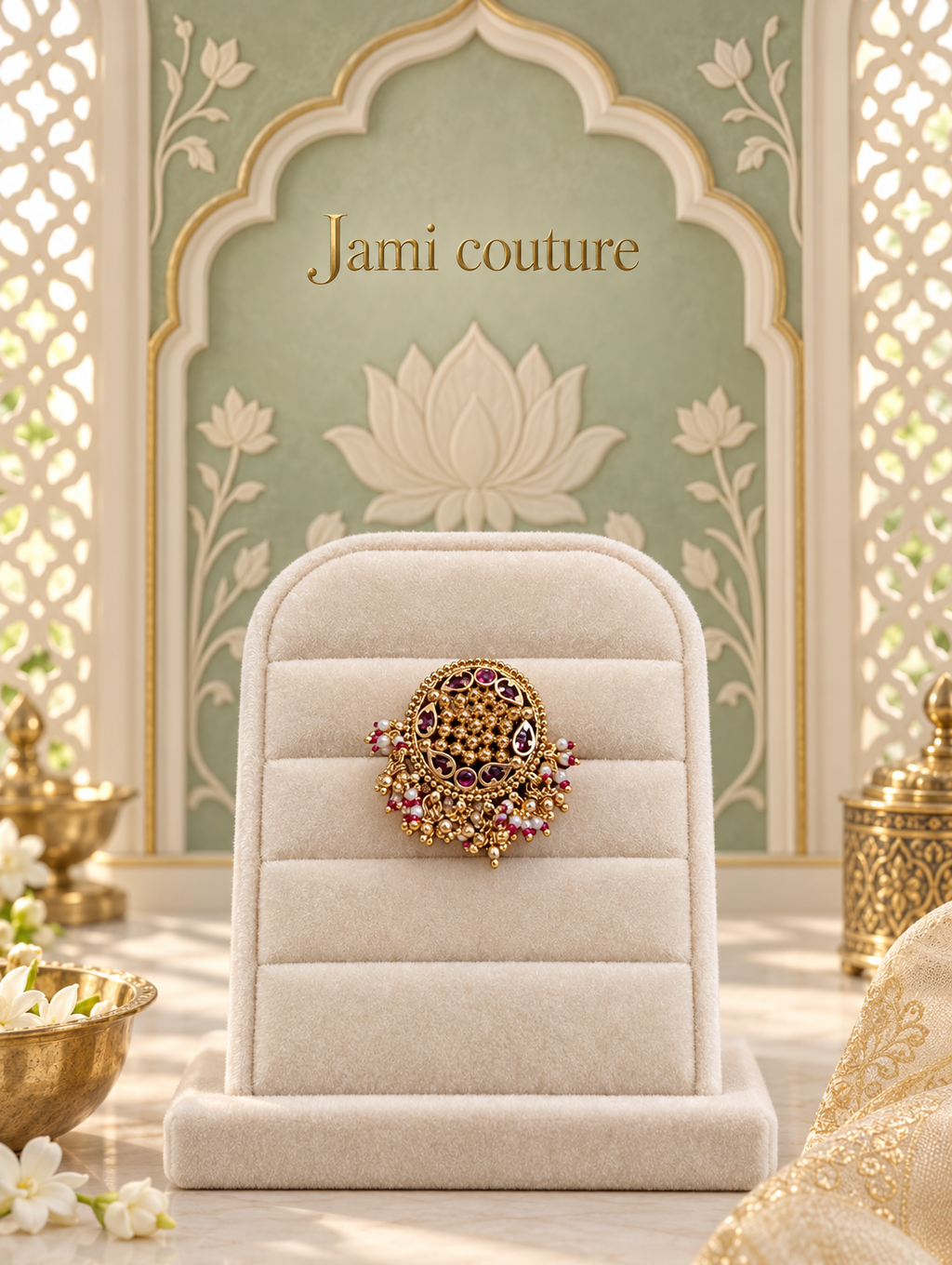 Antique Gold Ruby & Pearl Statement Ring | Adjustable Cocktail Ring