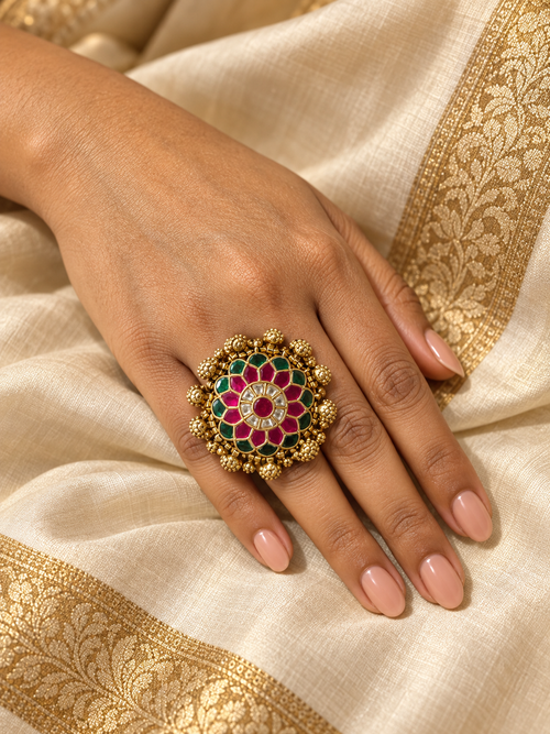 Antique Kundan Floral Statement Ring with Ruby & Emerald Enamel | Adjustable Cocktail Ring