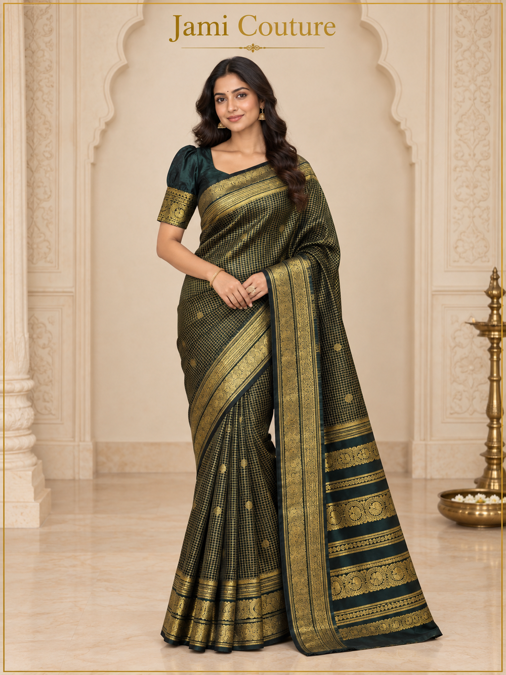 Bottle Green Banarasi Soft Silk Saree, Peacock Border