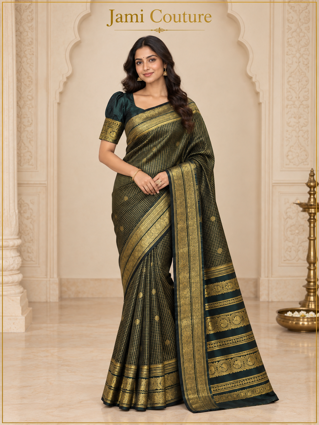 Bottle Green Banarasi Soft Silk Saree, Peacock Border