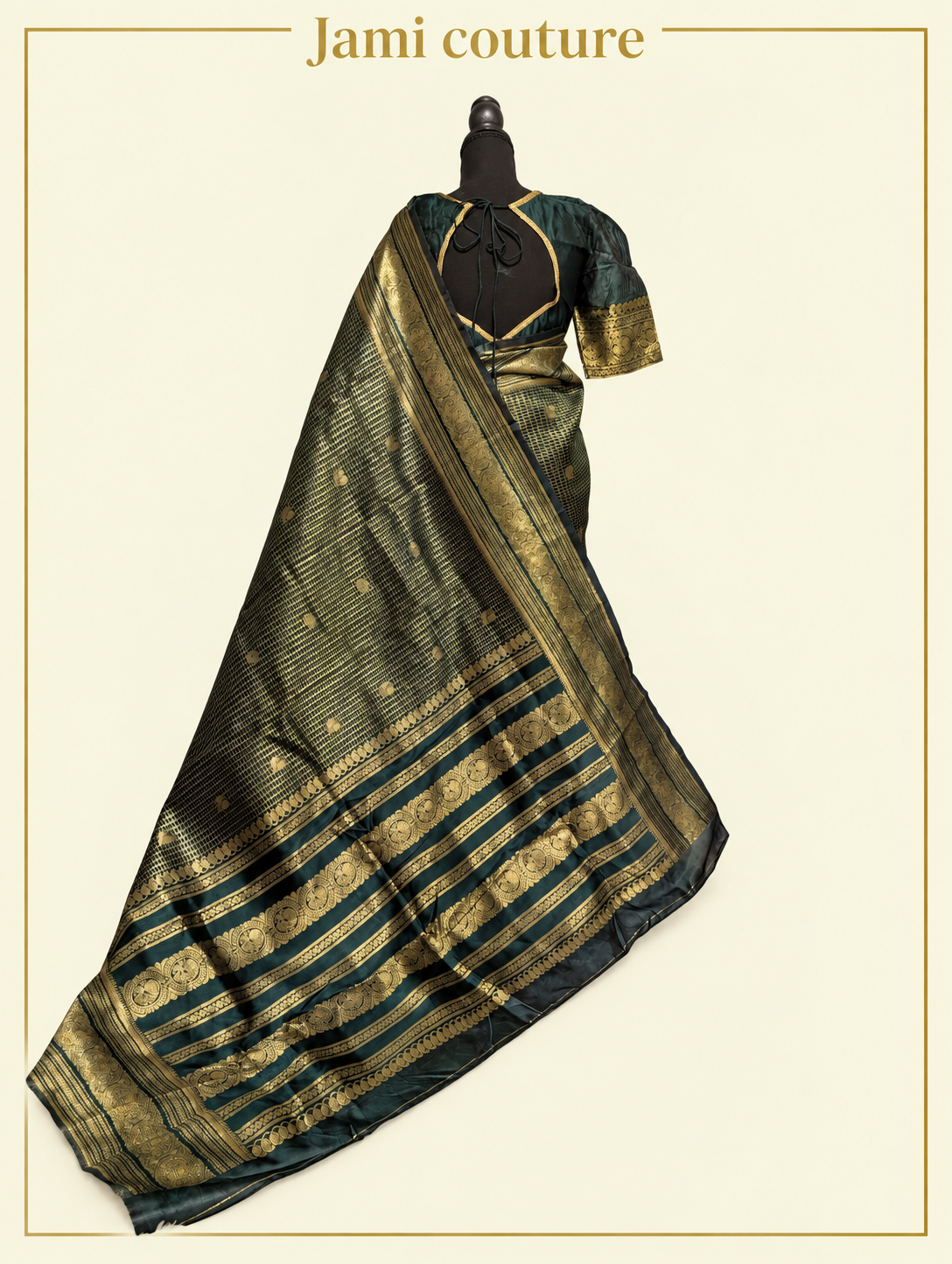 Bottle Green Banarasi Soft Silk Saree, Peacock Border