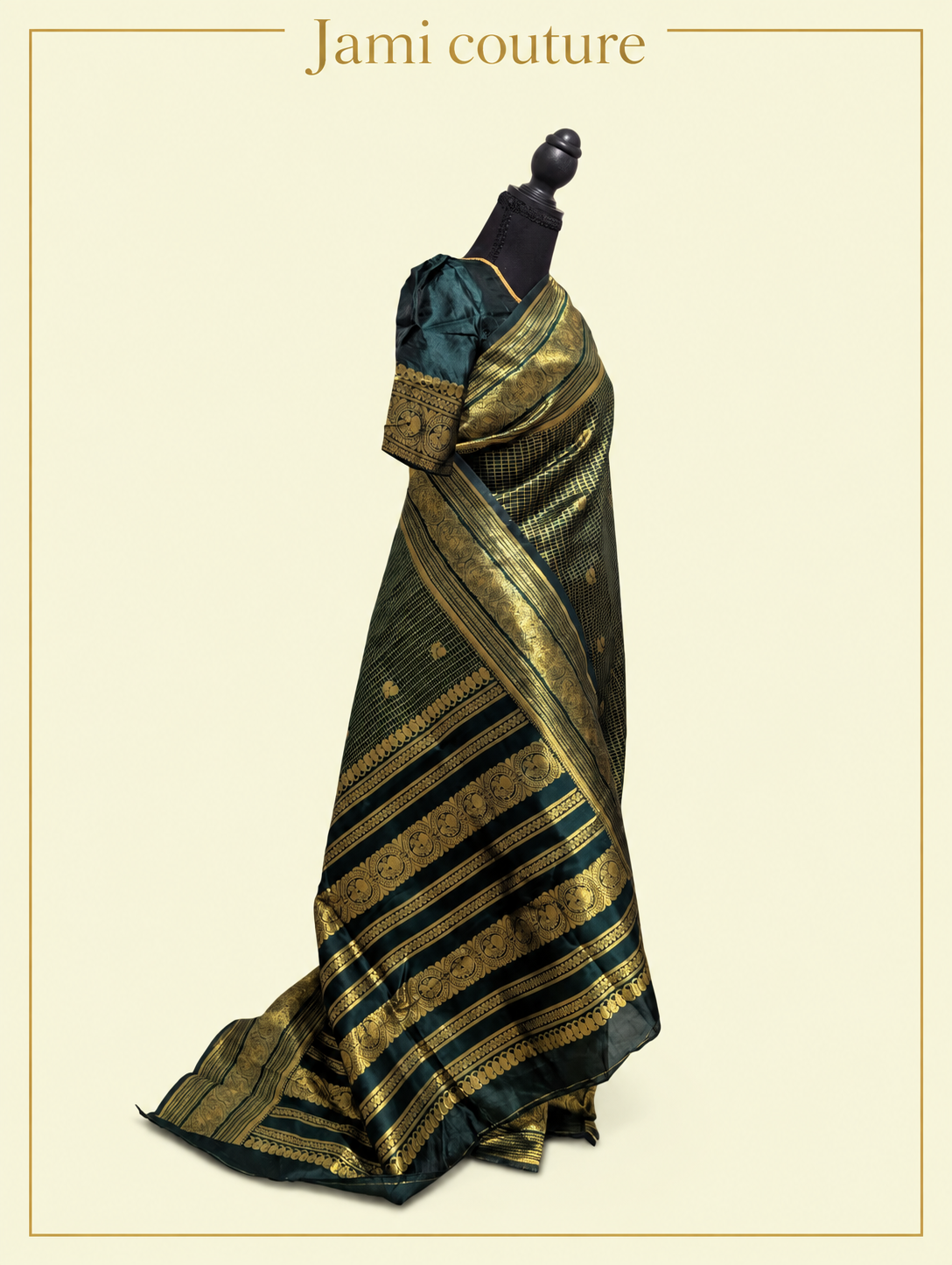 Bottle Green Banarasi Soft Silk Saree, Peacock Border