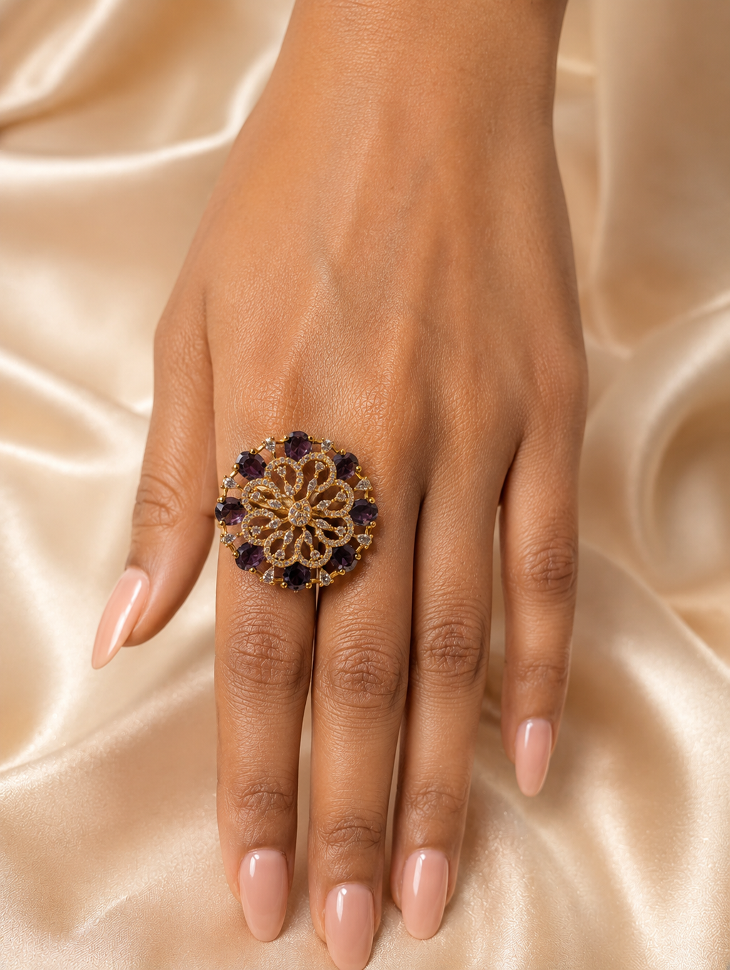 Model wearing the purple and American diamond floral statement ring