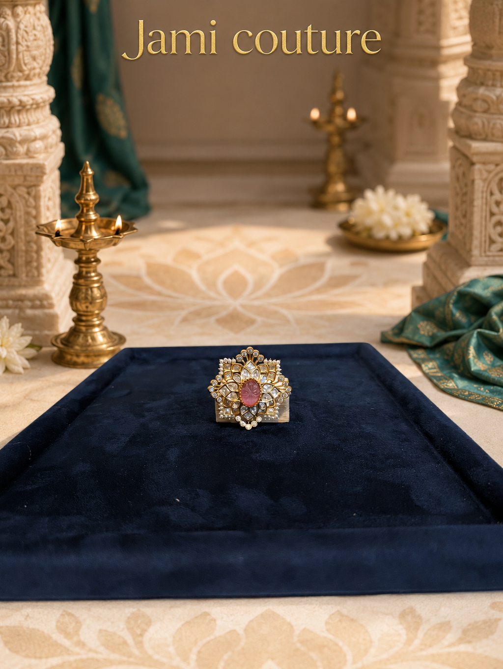 Pink carved stone and polki kundan floral ring on navy velvet