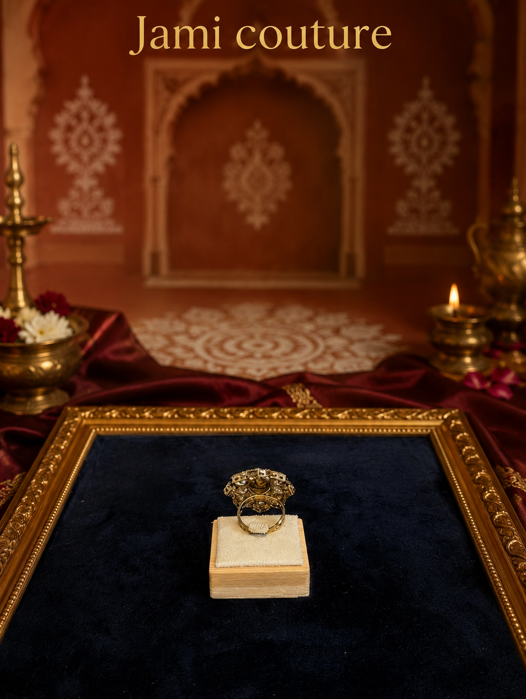 Ruby and emerald polki kundan ring raised on a block over navy velvet