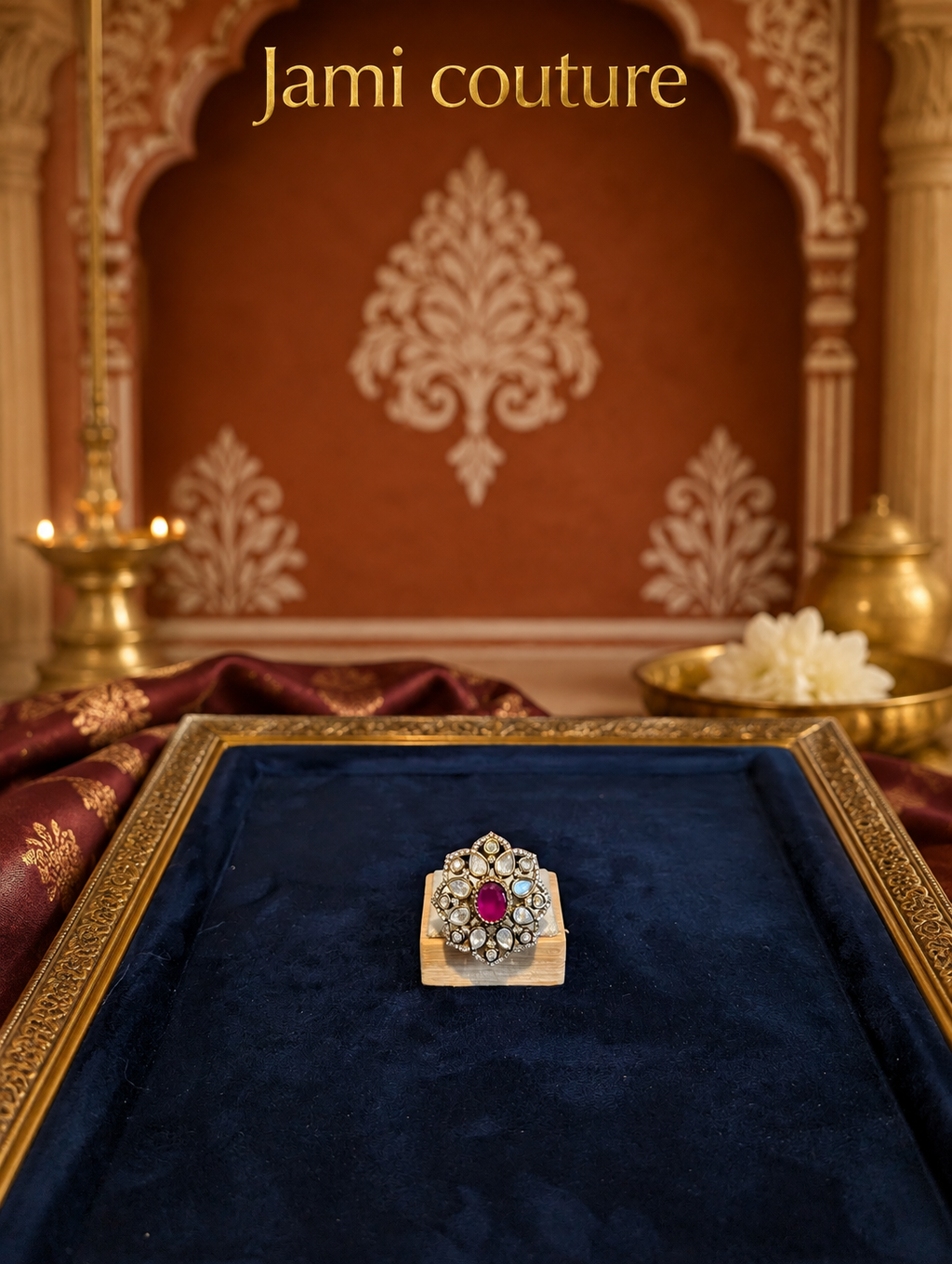 Ruby and emerald polki kundan floral ring on navy velvet in a warm-lit setting