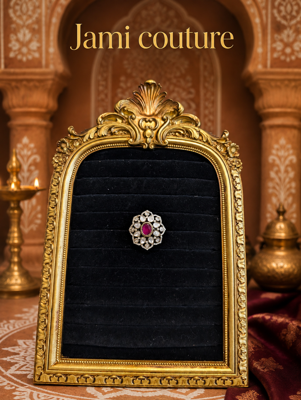 Ruby and emerald polki kundan floral ring framed on black velvet