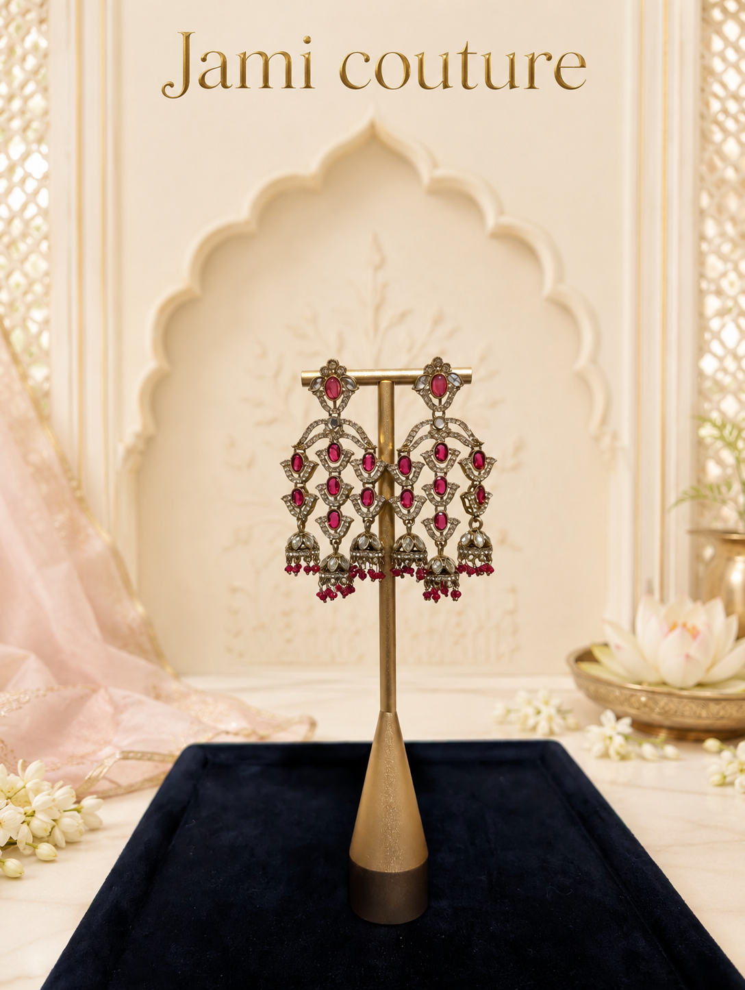 Rani pink and white stone chandelier earrings on a gold stand over navy velvet
