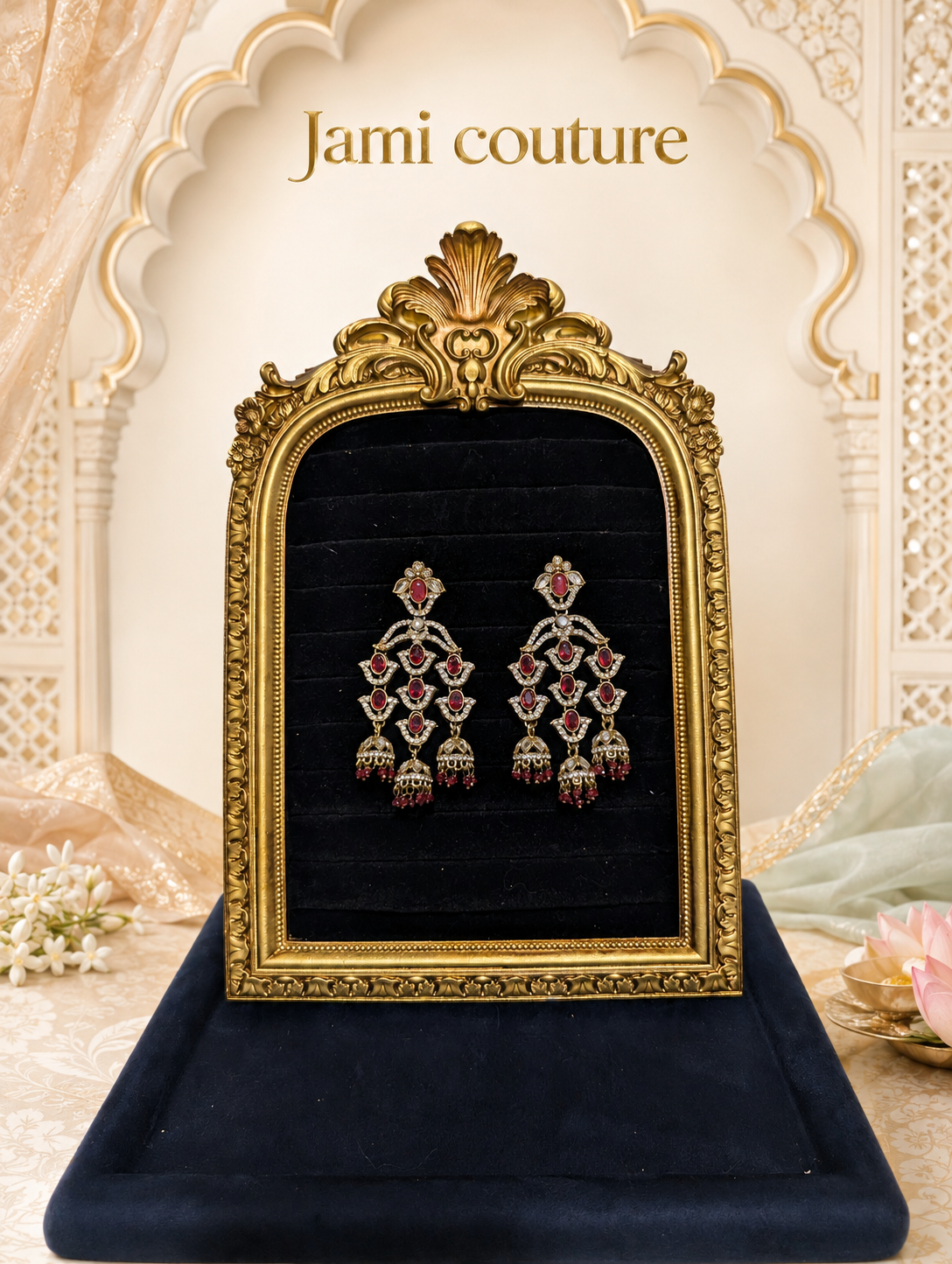Rani pink and white stone chandelier earrings framed on black velvet
