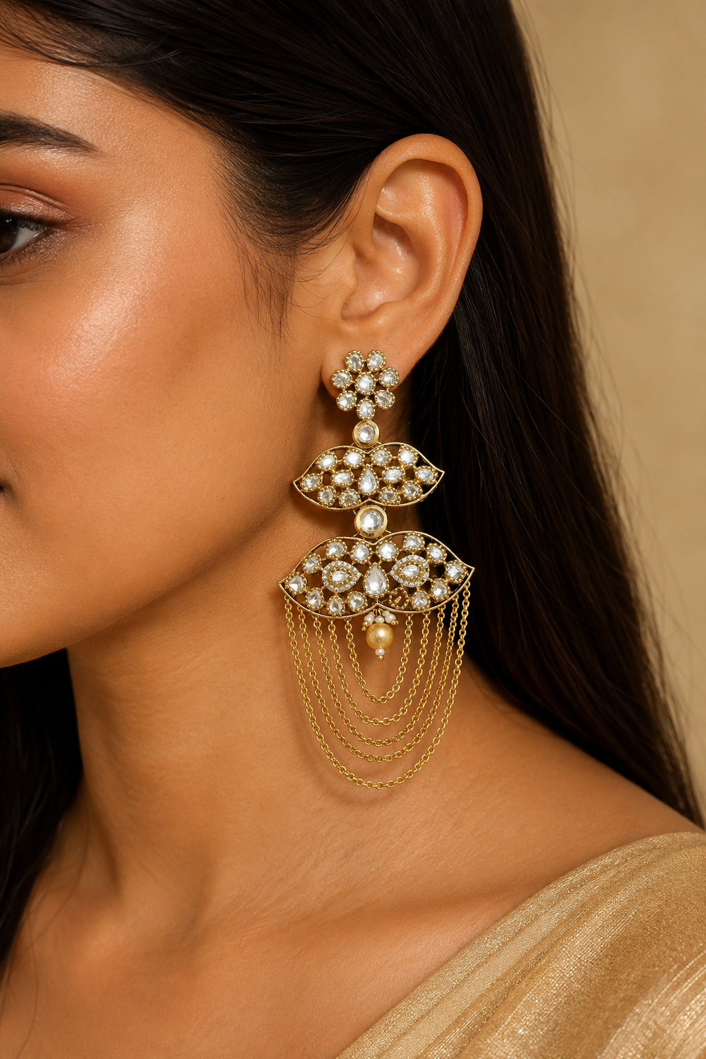 Model wearing a white kundan chandelier earring with draped chains, profile view