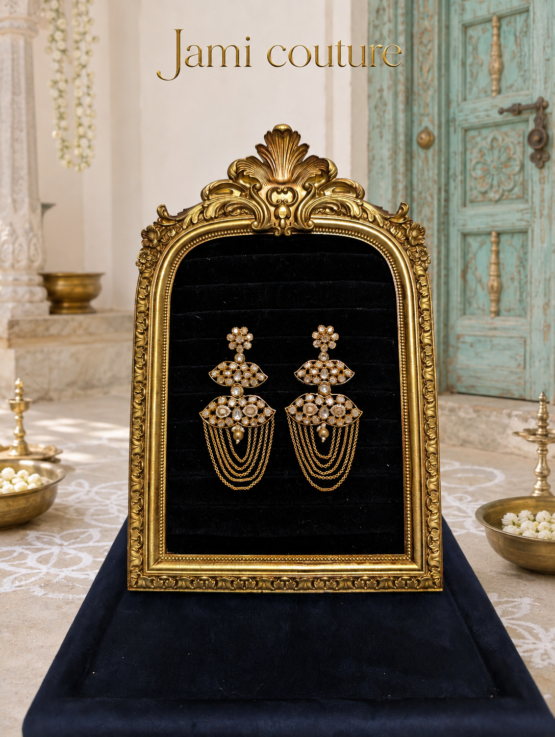 White kundan chandelier earrings with draped chains framed on black velvet