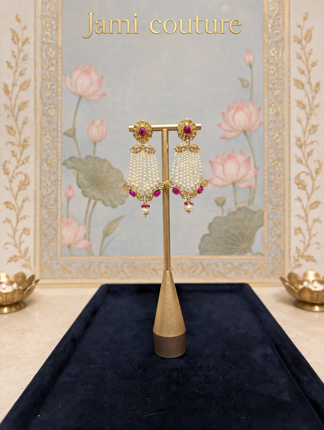 Kundan and pearl cascade chandelier earrings on a gold stand over a navy tray