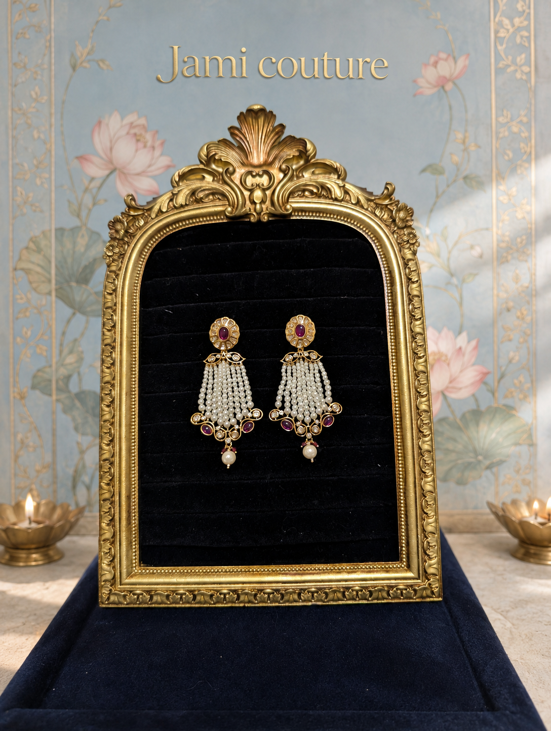 Kundan and pearl cascade chandelier earrings framed on black velvet
