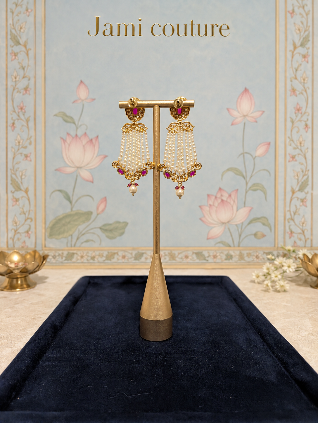 Close view of the kundan and pearl cascade earrings on a stand