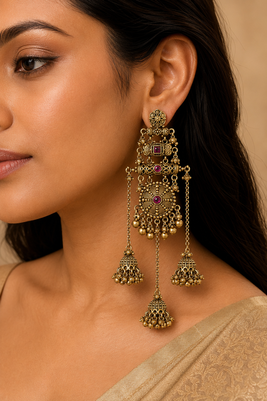 Model wearing the long antique gold chandelier jhumka earrings, profile view against a gold saree