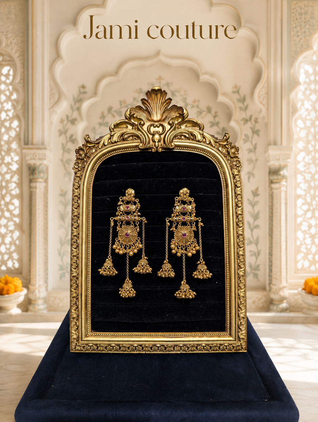 Antique gold chandelier jhumka earrings displayed on black velvet inside a gold frame