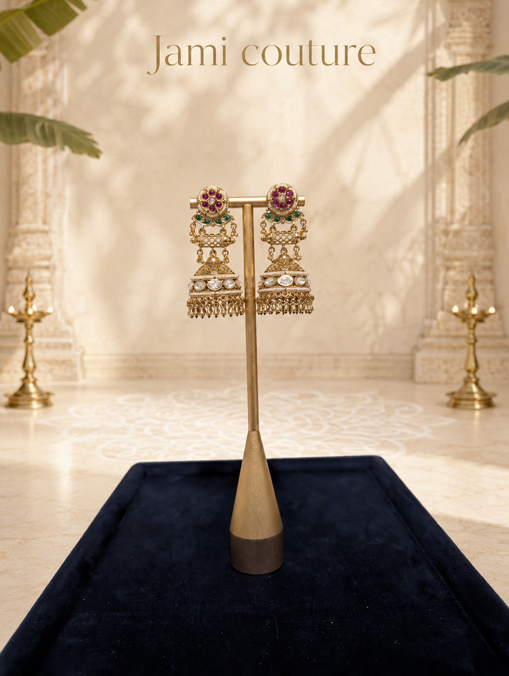 Antique gold kundan jhumka earrings on a gold stand over a navy tray