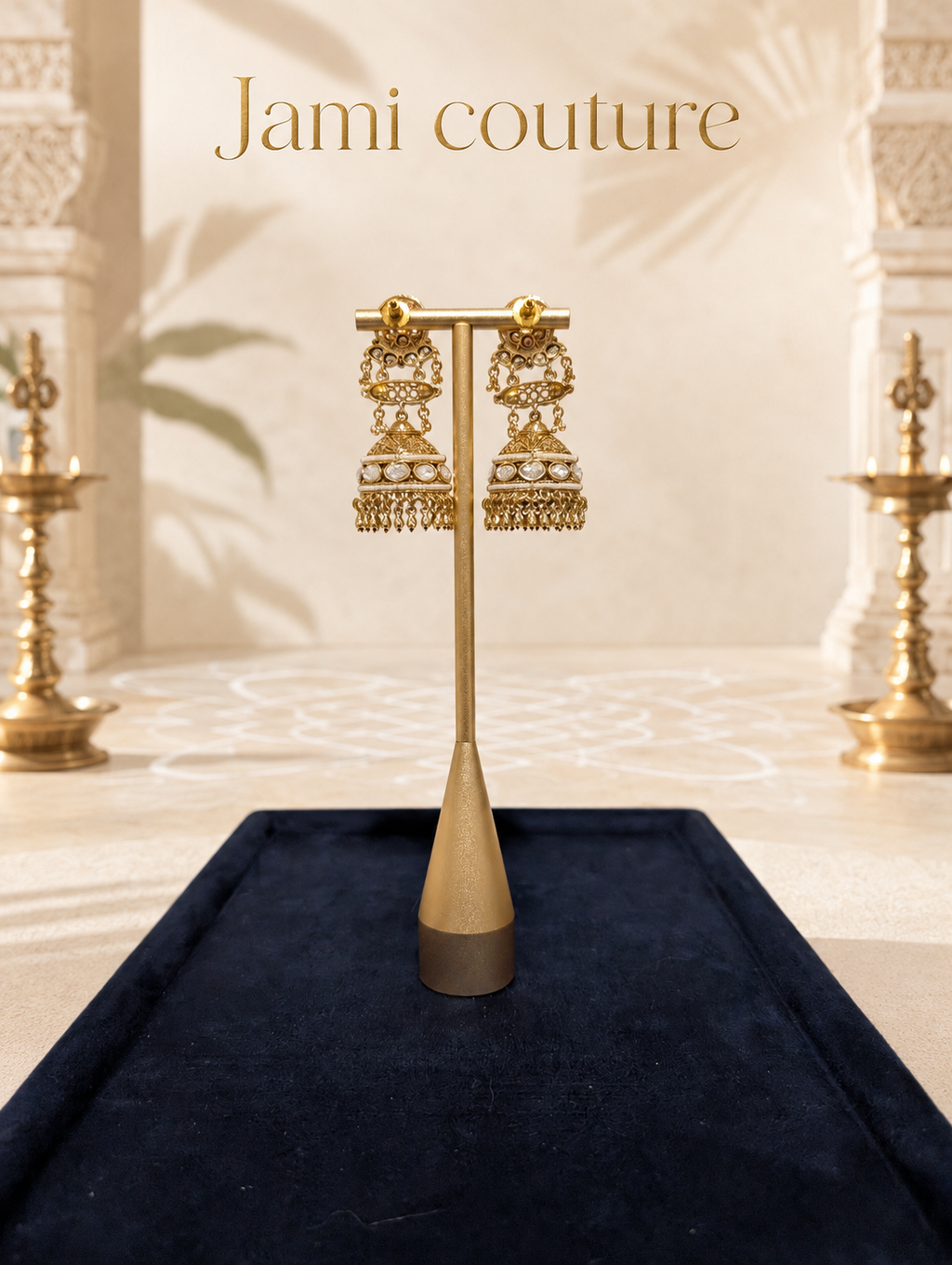 Close view of the ruby and white kundan jhumka earrings on a stand