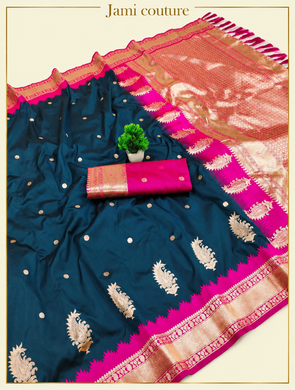 Peacock Blue Soft Banarasi Silk Saree with Copper Zari Paisley Weaving & Rani Pink Temple Border | Matching Stitched Blouse