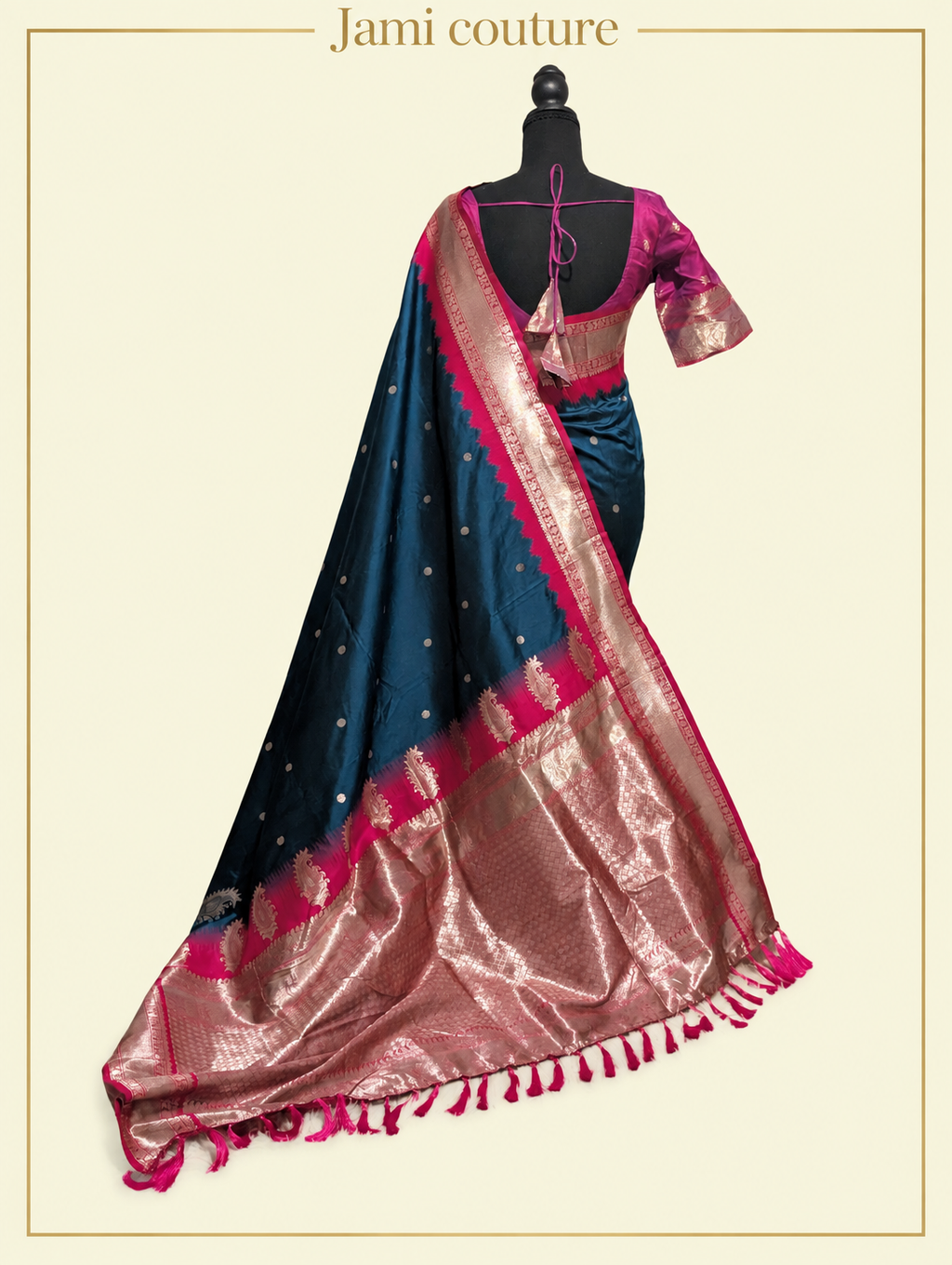 Peacock Blue Soft Banarasi Silk Saree with Copper Zari Paisley Weaving & Rani Pink Temple Border | Matching Stitched Blouse