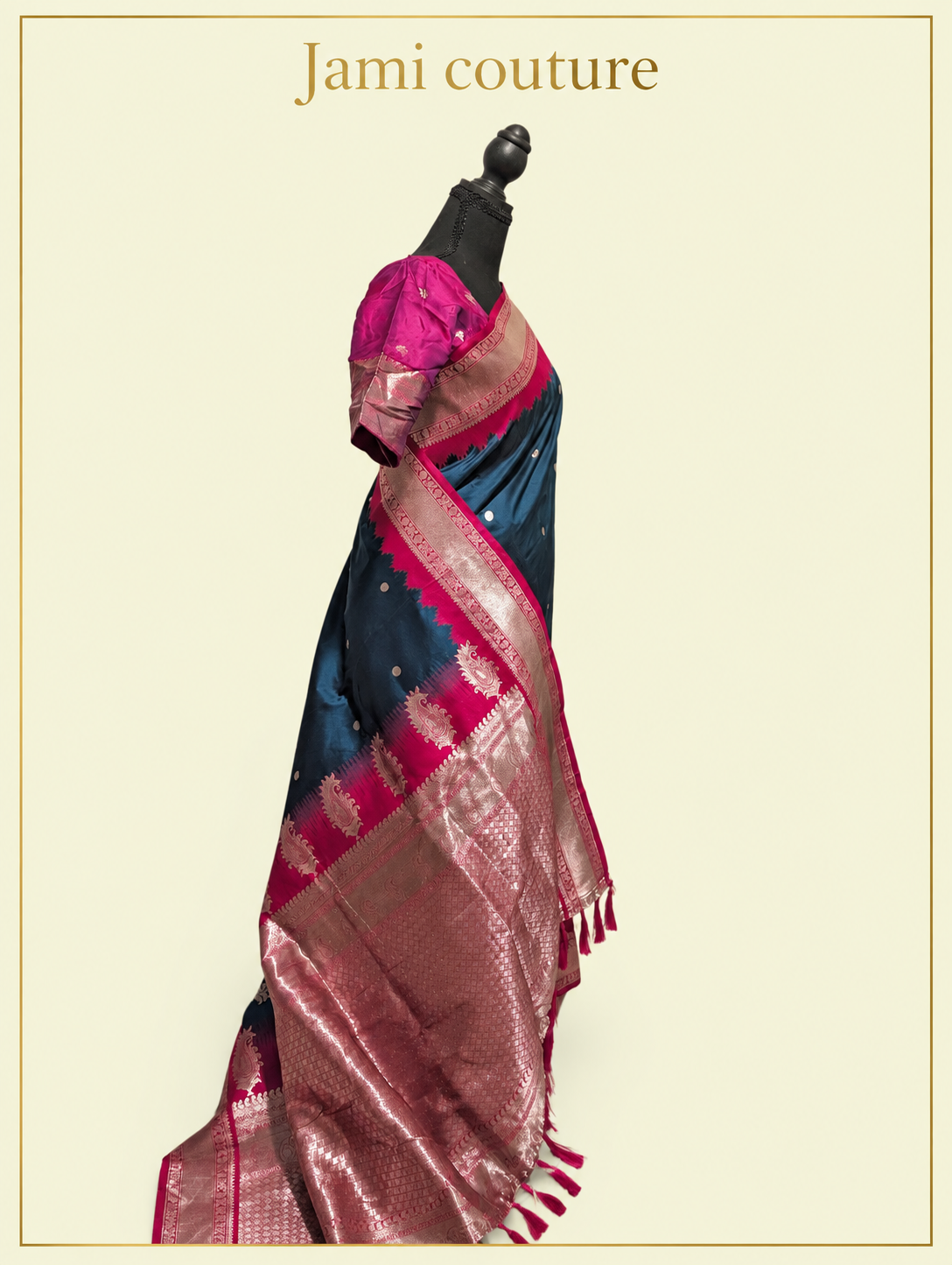 Peacock Blue Soft Banarasi Silk Saree with Copper Zari Paisley Weaving & Rani Pink Temple Border | Matching Stitched Blouse