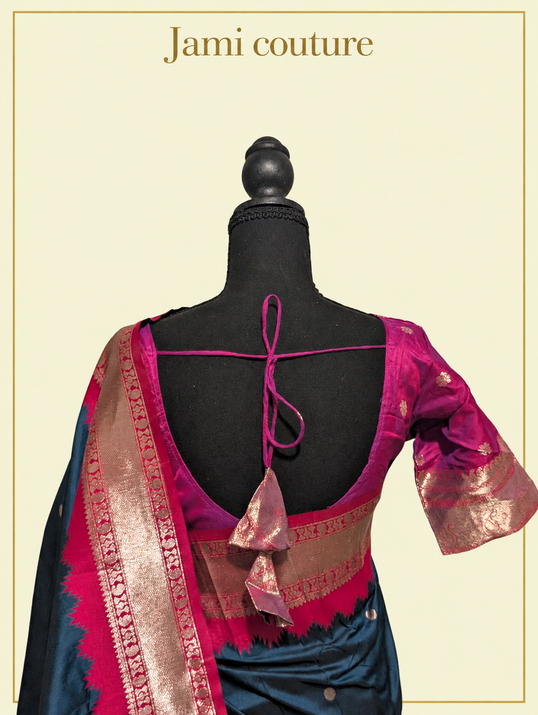 Peacock Blue Soft Banarasi Silk Saree with Copper Zari Paisley Weaving & Rani Pink Temple Border | Matching Stitched Blouse