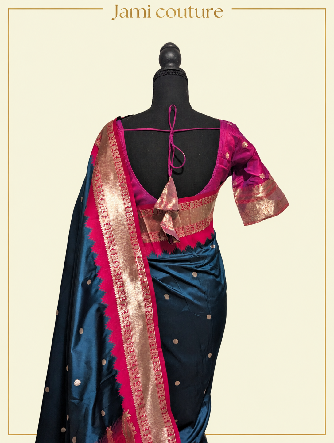 Peacock Blue Soft Banarasi Silk Saree with Copper Zari Paisley Weaving & Rani Pink Temple Border | Matching Stitched Blouse