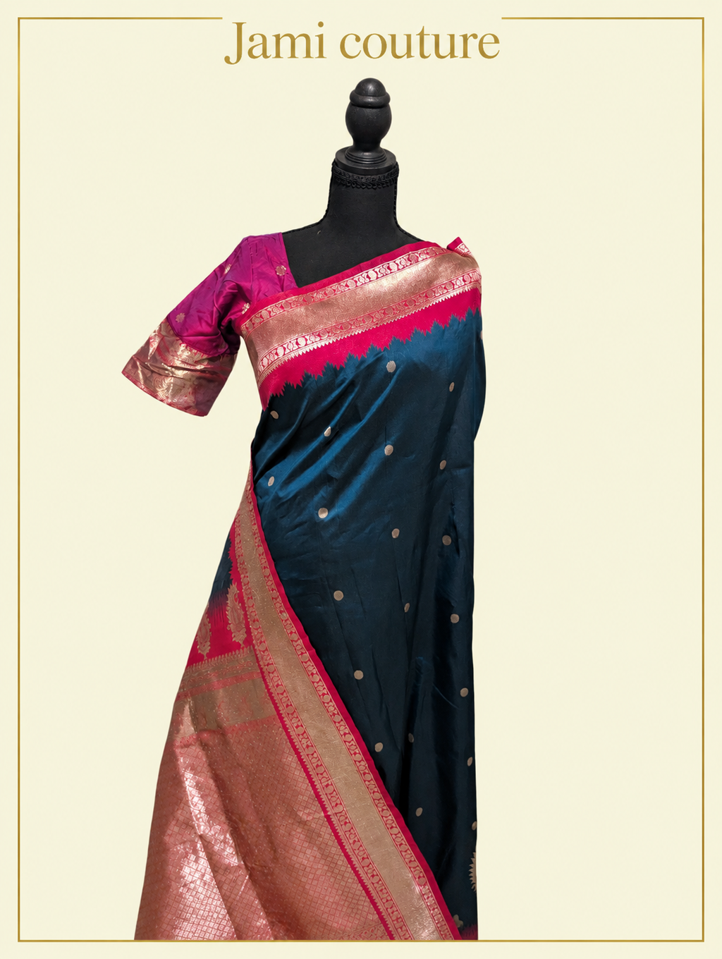 Peacock Blue Soft Banarasi Silk Saree with Copper Zari Paisley Weaving & Rani Pink Temple Border | Matching Stitched Blouse