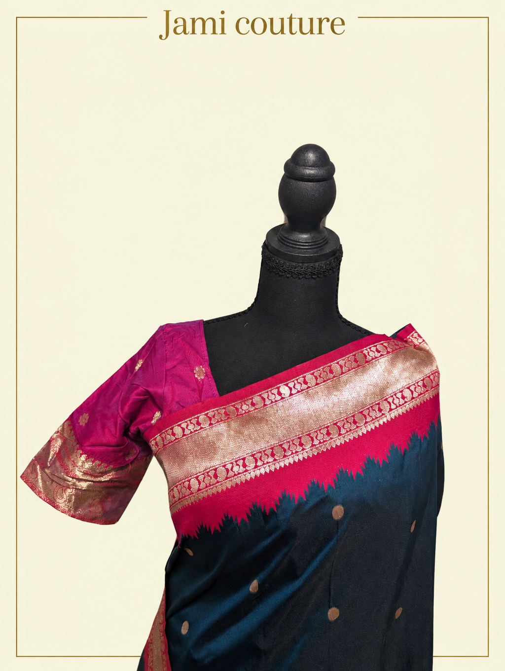 Peacock Blue Soft Banarasi Silk Saree with Copper Zari Paisley Weaving & Rani Pink Temple Border | Matching Stitched Blouse