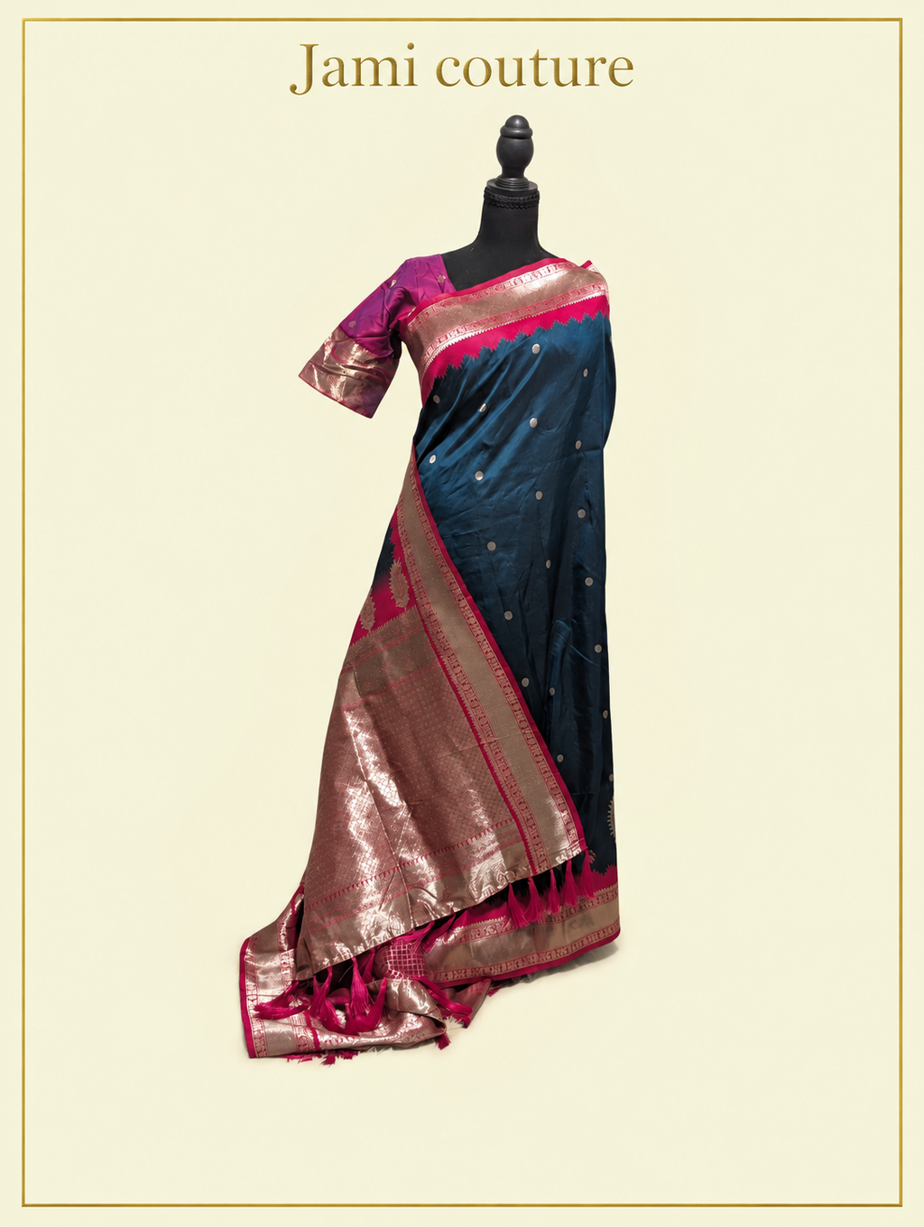 Peacock Blue Soft Banarasi Silk Saree with Copper Zari Paisley Weaving & Rani Pink Temple Border | Matching Stitched Blouse