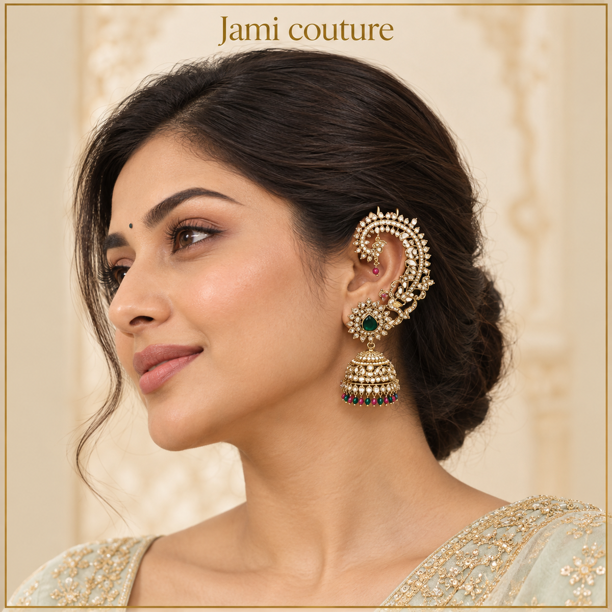 Antique Peacock Ear Cuff Jhumkas, Emerald & Ruby
