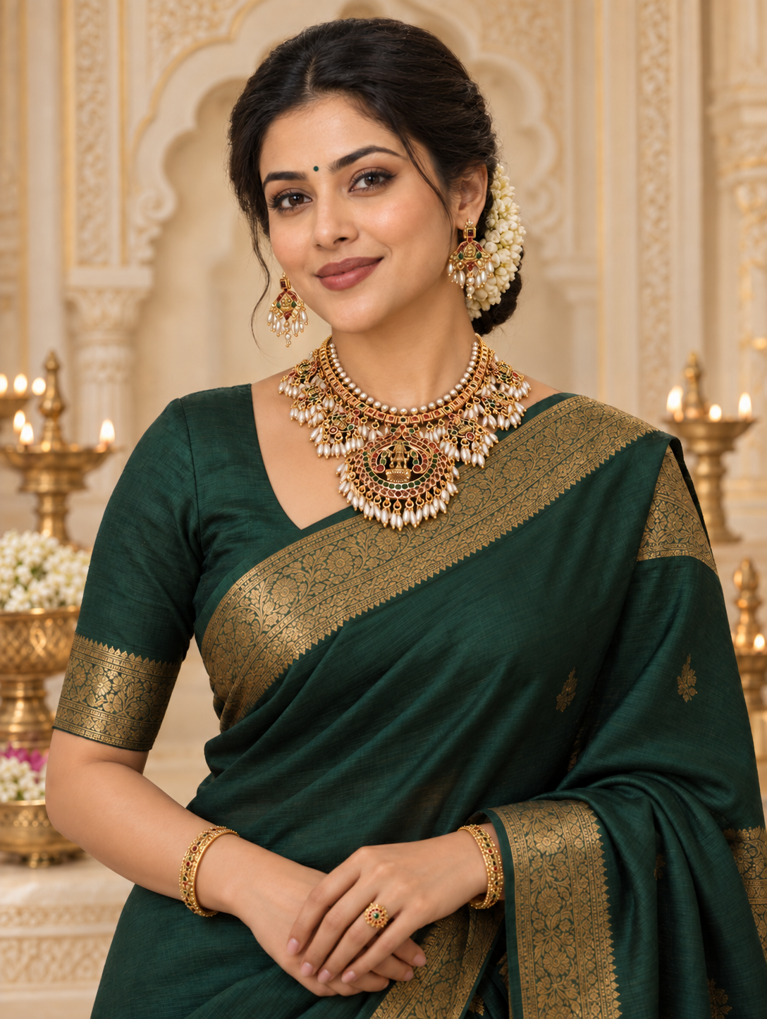 Lakshmi Temple Necklace Set, Ruby, Emerald & Pearl