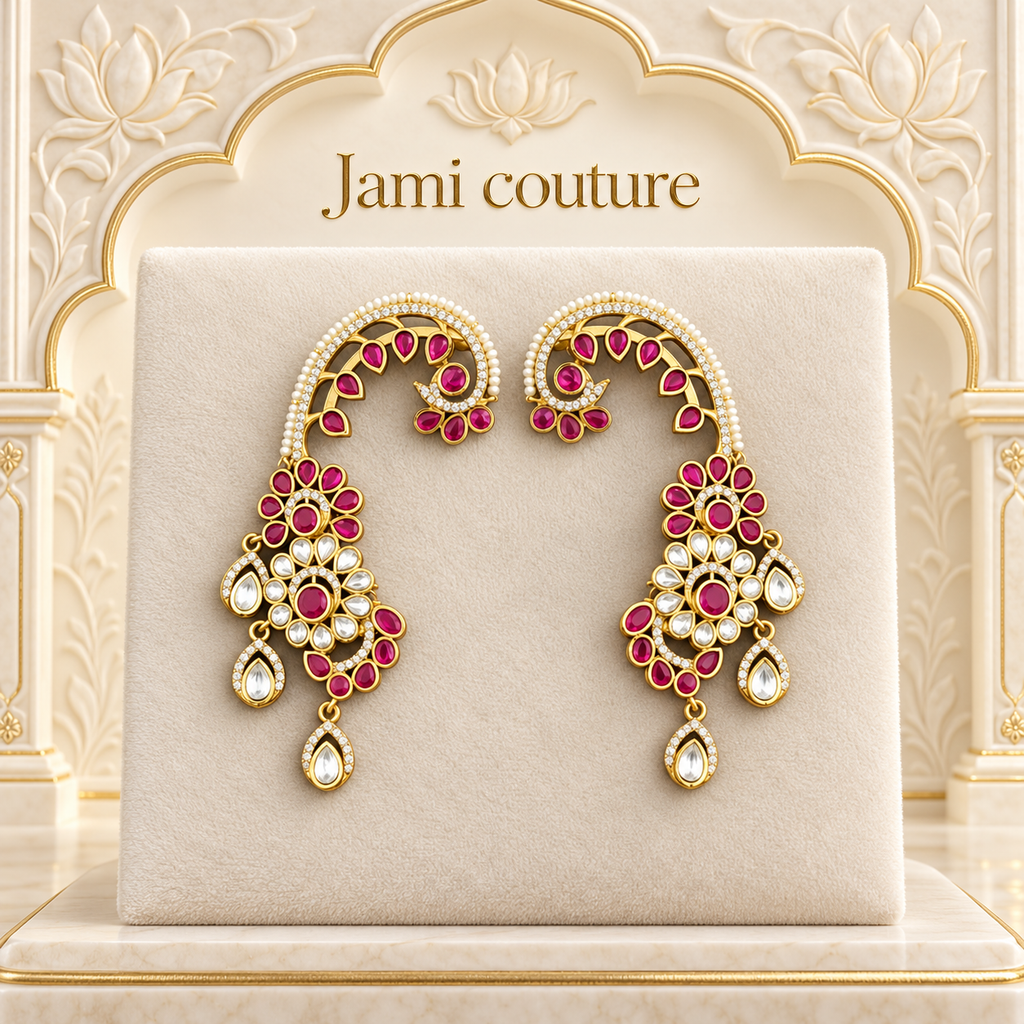 Ruby & Kundan Ear Cuff Earrings | Antique Gold Plated