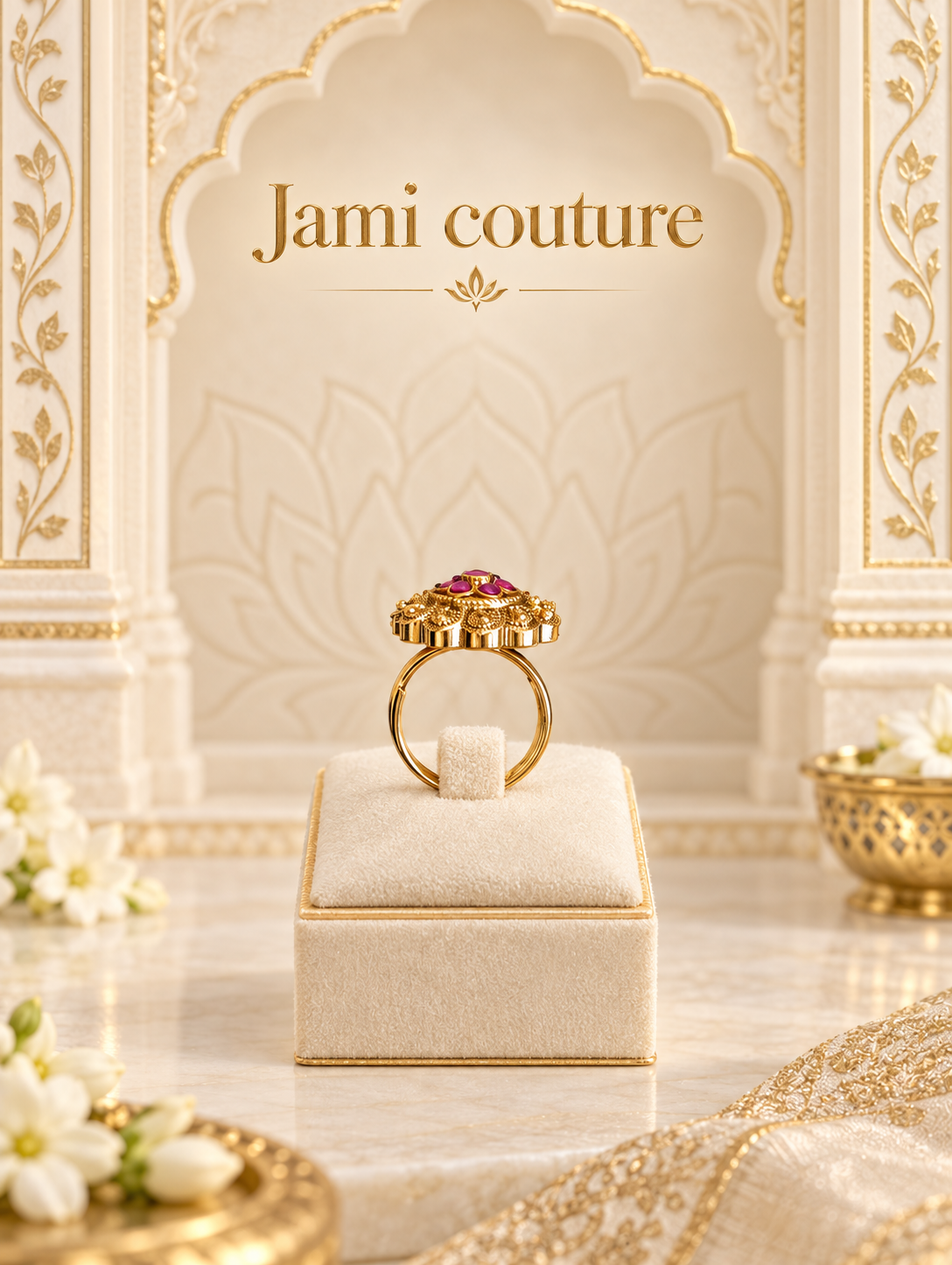 Antique Temple Ring with Ruby Floral Cluster | Adjustable Statement Ring