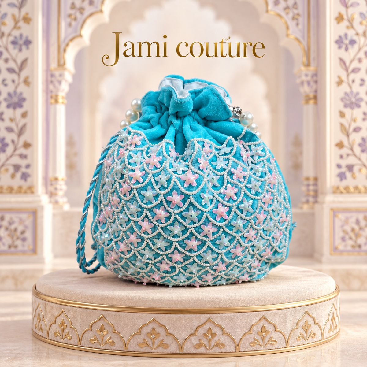 Turquoise Blue Floral Sequin Potli Bag with Pearl Handle & Tassels | Handcrafted Ethnic Clutch