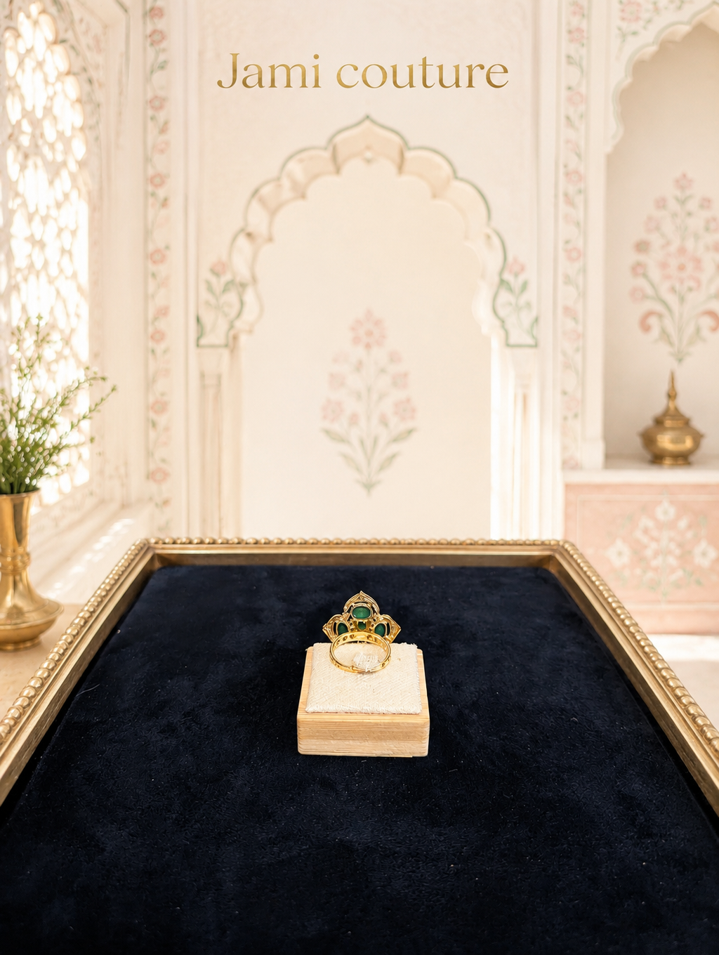 Emerald green and polki kundan ring on an ivory block over navy velvet