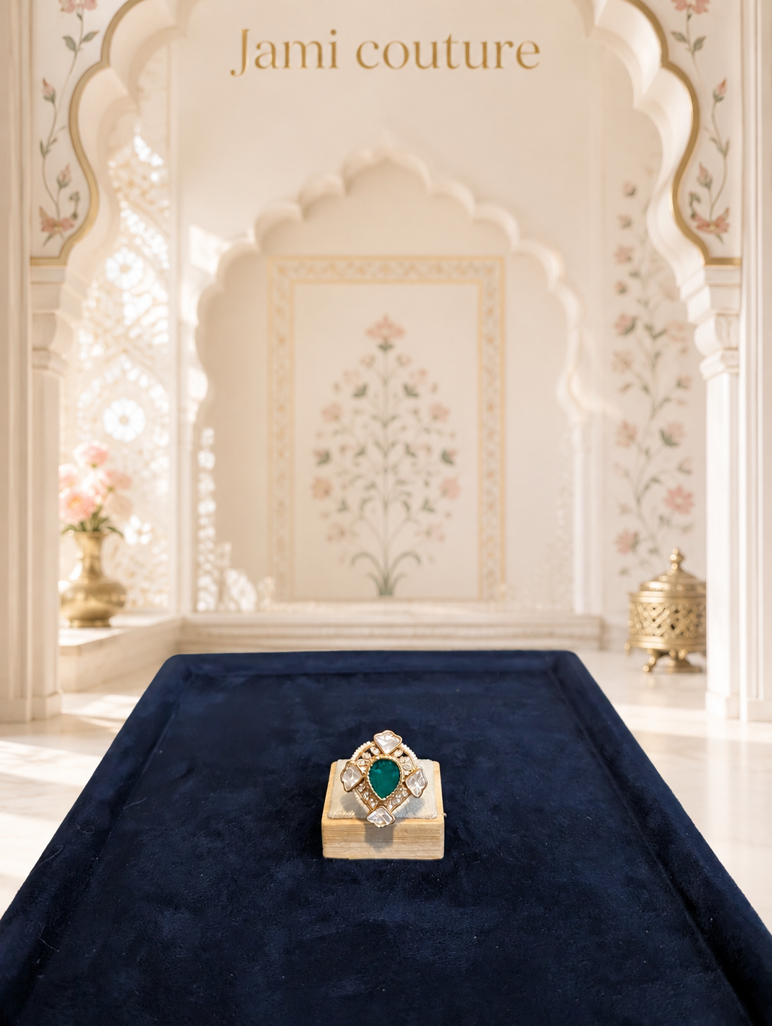 Close view of the emerald green and polki kundan statement ring on its block