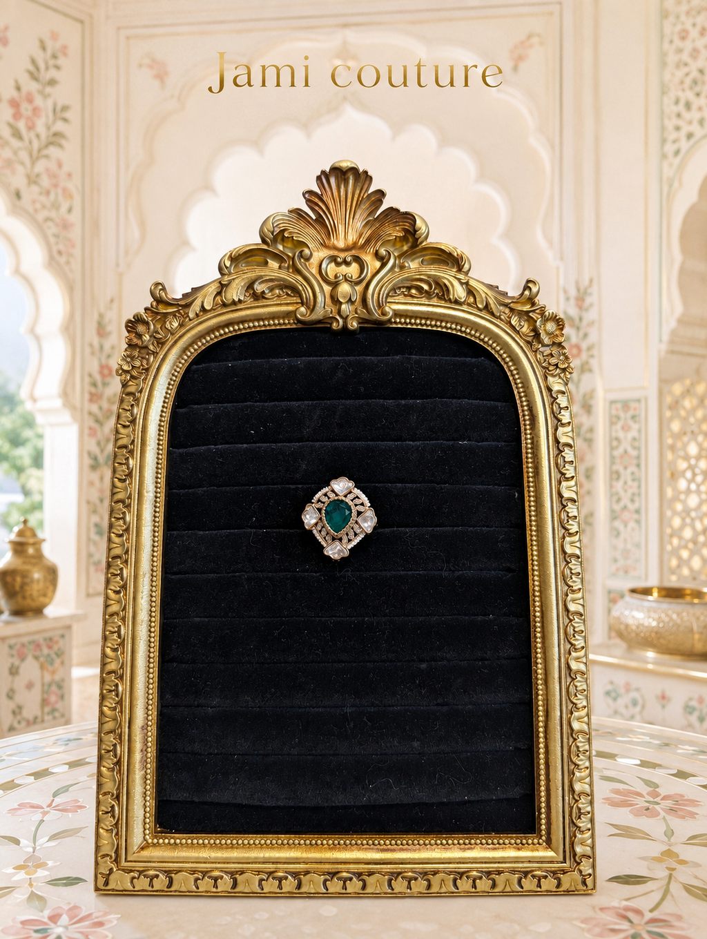 Emerald green and polki kundan statement ring framed on black velvet