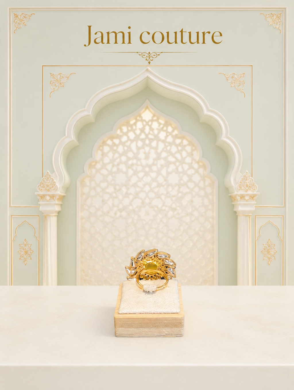 Yellow opal and white kundan pinwheel ring on a block in an arched setting