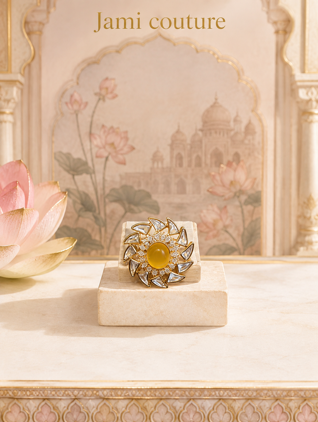 Yellow opal and white kundan pinwheel ring on a stone block beside a lotus