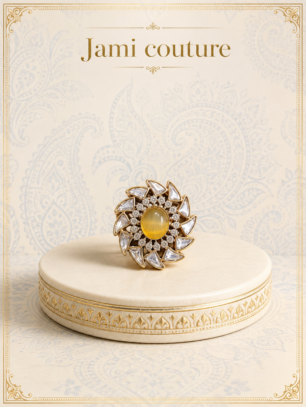 Yellow opal and white kundan pinwheel ring on an ivory pedestal
