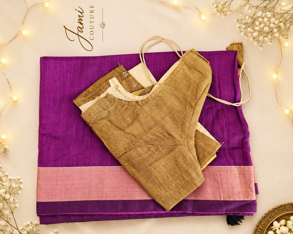 Folded magenta khadi cotton saree with pink border and gold stitched blouse, Magenta colour option