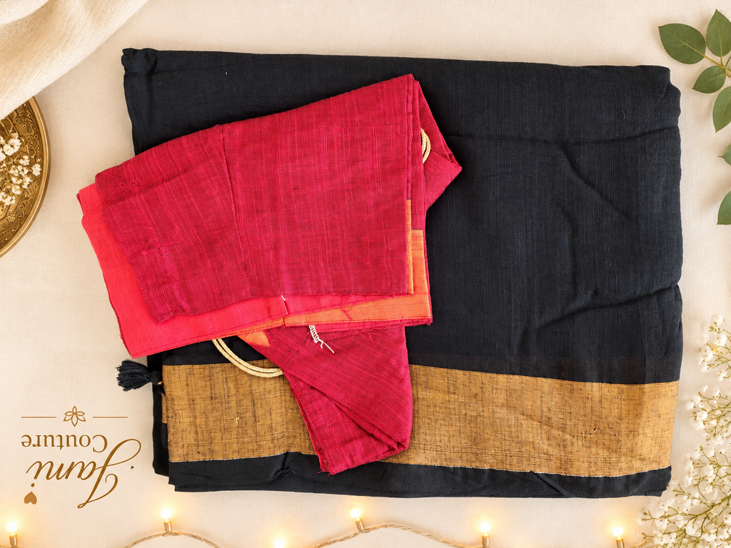Folded black khadi cotton saree with gold border and red stitched blouse, Black colour option