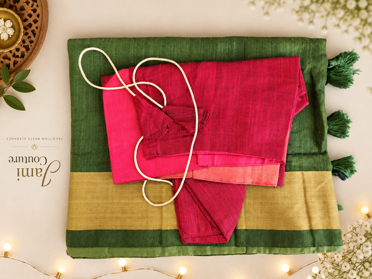 Folded green khadi cotton saree with gold border and pink stitched blouse, Green colour option