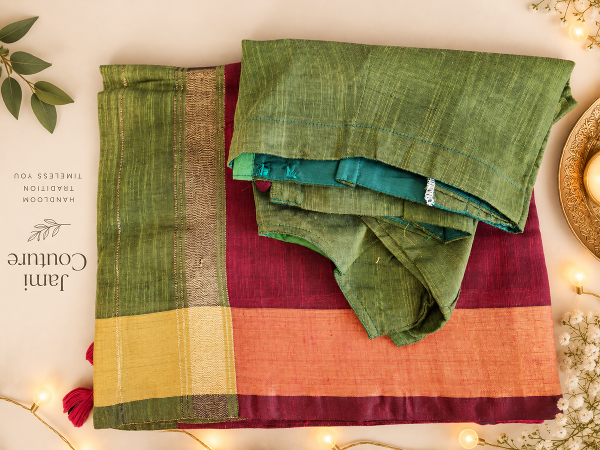 Folded green khadi cotton saree with maroon and gold contrast border and green blouse, Maroon colour option