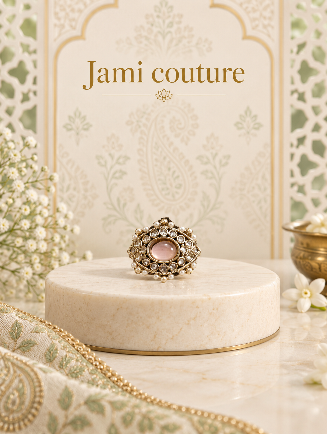 Pink and polki kundan statement ring on an ivory pedestal in a temple-style setting